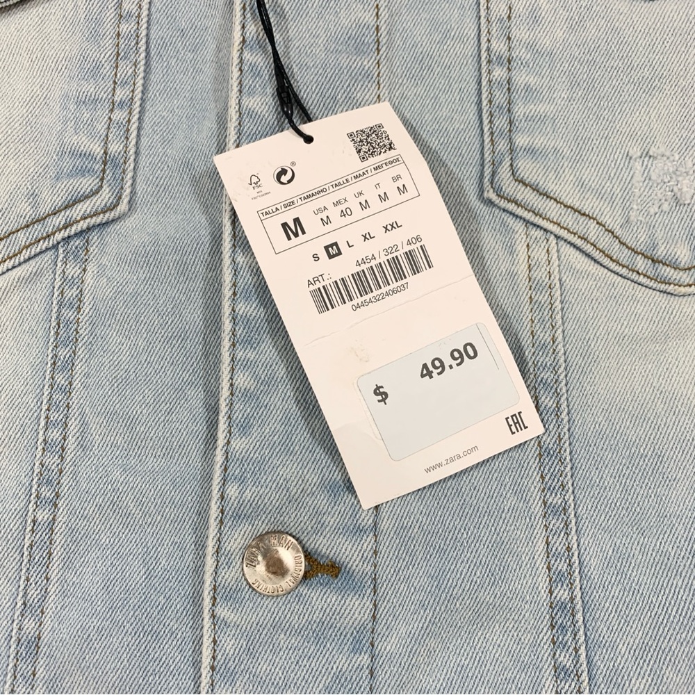 NWT Zara Man Mens Medium Denim Jean Jacket Light Wash L/S Distressed Designer - Picture 3 of 7
